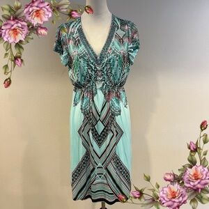 Apt 9 v-neck short sleeve butterfly print beaded mini stretchy Dress size small